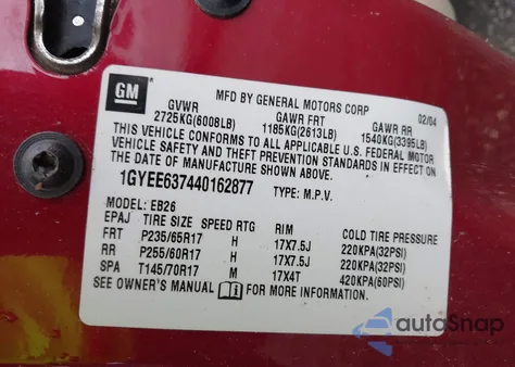 2004 Cadillac Srx Standard from USA, damaged, VIN 1GYEE637440162877